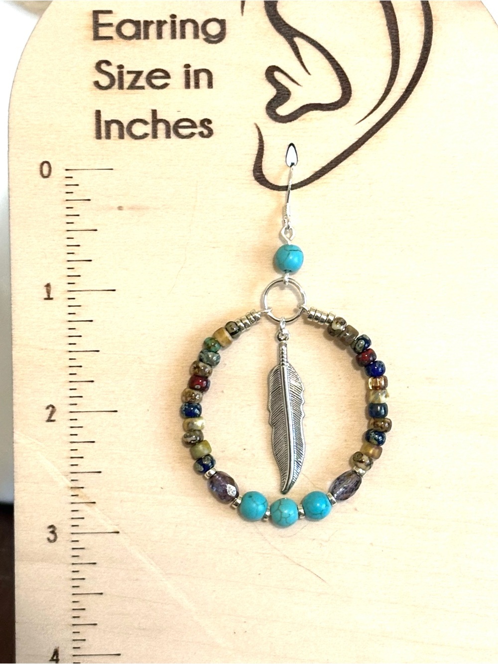 Hand Crafted Turquoise Howlite Beaded Feather Hoop Earrings - Women Jewelry - Picture 3 of 8